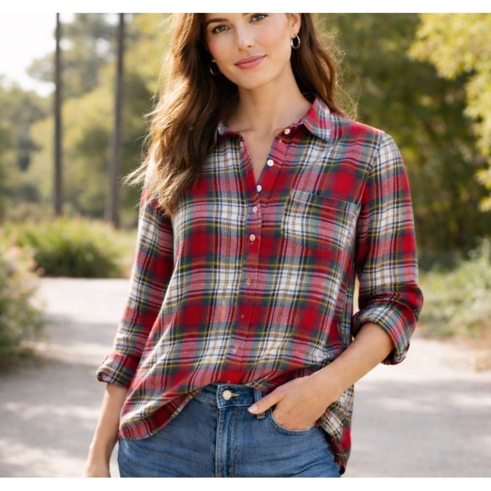 J.Crew Women's Plaid Flannel Popover Perfect Shirt Red Green Half‎ Button Size M